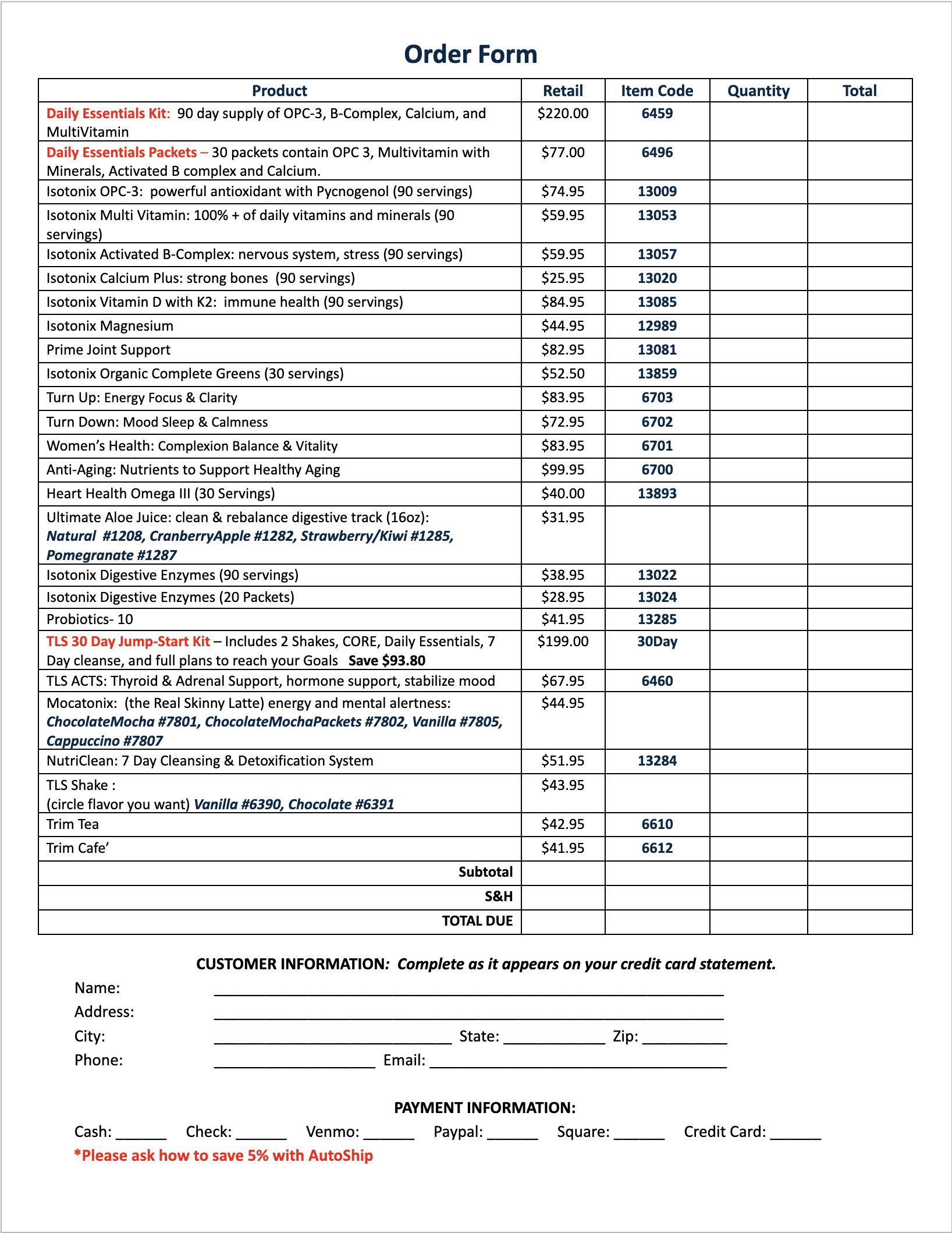 Order Form Credit Cards with Kits